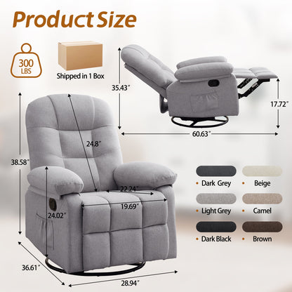 Korser Manual Swivel Rocker Recliner Chair for Living Room,Small Recliner Sofa for Small Spaces,Linen Fabric,Dark Black