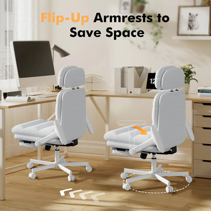 HomeZeer Ergonomic Cross-Legged Office Chair with Footrest & Headrest, Heavy Duty Executive Desk Chair with Flip-up Armrests, Corduroy Fabric Computer Criss Cross Chair for Home Office, Black