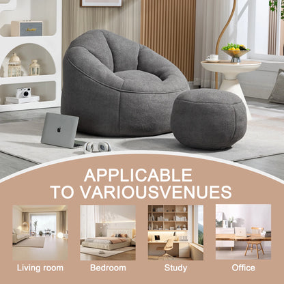 MOONMISS Microfiber Upholstered High Pressure Foam Round Lazy Bean Bag Sofa Chair with Ottoman-Gray