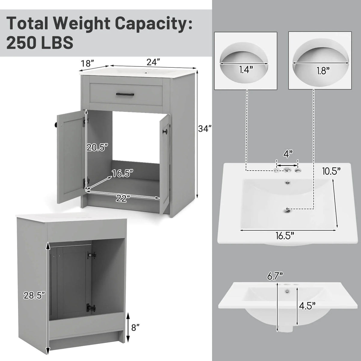 Costway Bathroom Vanity Unit with Basin Under Sink Bathroom Storage Cabinet Freestanding