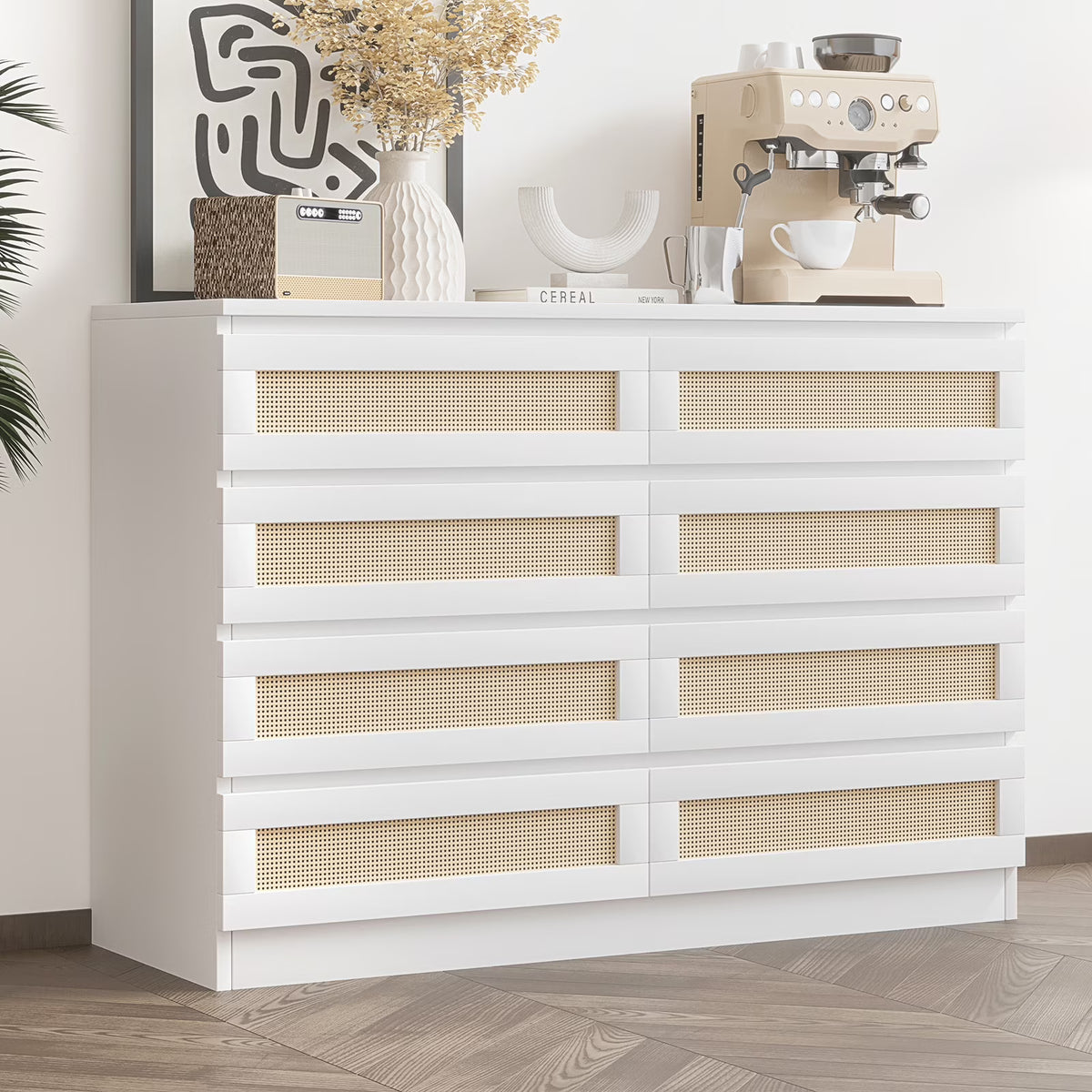 Jojoka 6-Drawers Rattan Dresser for Bedroom Chest of Drawers, TV Stand for 55" TV, Wood Top Storage Organizer Cabinet for Living Room, Entryway, Hallway, Natural