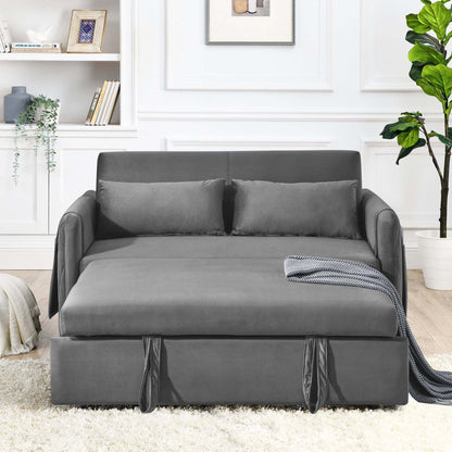 Momspeace 55" Modern Velvet Pull Out Sofa Bed Loveseat Lounge Chaise,Sleeper Sofa Bed with Adjustable Backrest 2 Detachable Arm Pockets - Gray