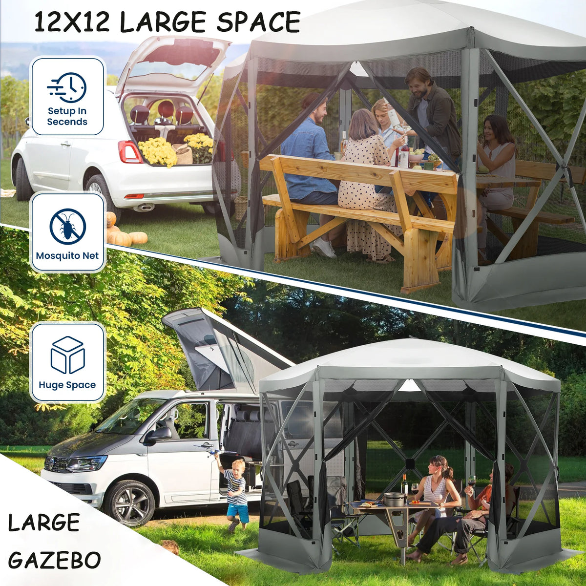 COBIZI 12'x12' Pop-up Gazebo Outdoor Camping Tent with 6 Sides Mosquito Netting, Waterproof, UV Resistant, Portable Screen House Room, Easy Set-up Party Tent with Carry bag, Ground Spike, Brown