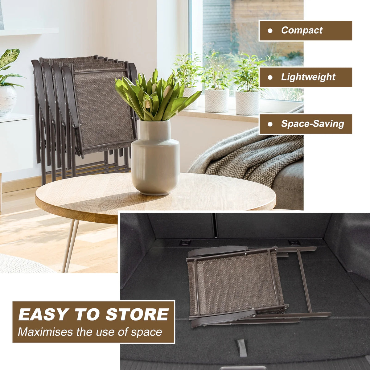 Aoodor Folding Patio Chairs for Indoor and Outdoor 4 Sets-Brown