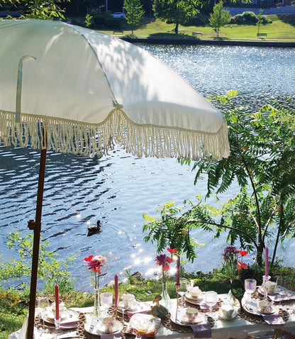 7ft Patio Umbrella with Fringe Outdoor Tassel Umbrella UPF50+ Premium Steel Pole and Ribs Push Button Tilt, Riviera Pink Stripe