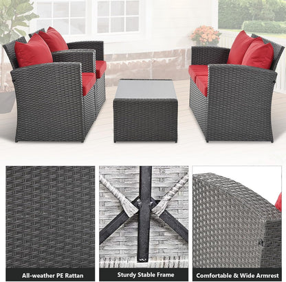 HighSound 4 Piece Patio Furniture Set, Outdoor Wicker Patio Sectional Sofa, All Weather PE Rattan Outdoor Sectional with Cushions & Coffee Table, Dark Gray