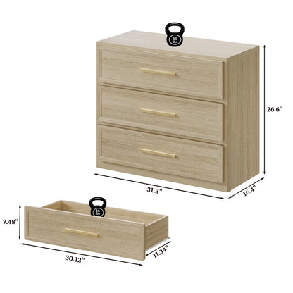 SICOTAS 31.3" W 3-Drawer Nightstand Set of 2 with Oversized Large Storage , Modern Night Stands Bedside Table with Adjustable Feet & Gold Handles for Bedroom Living Room Entryway, Light Oak
