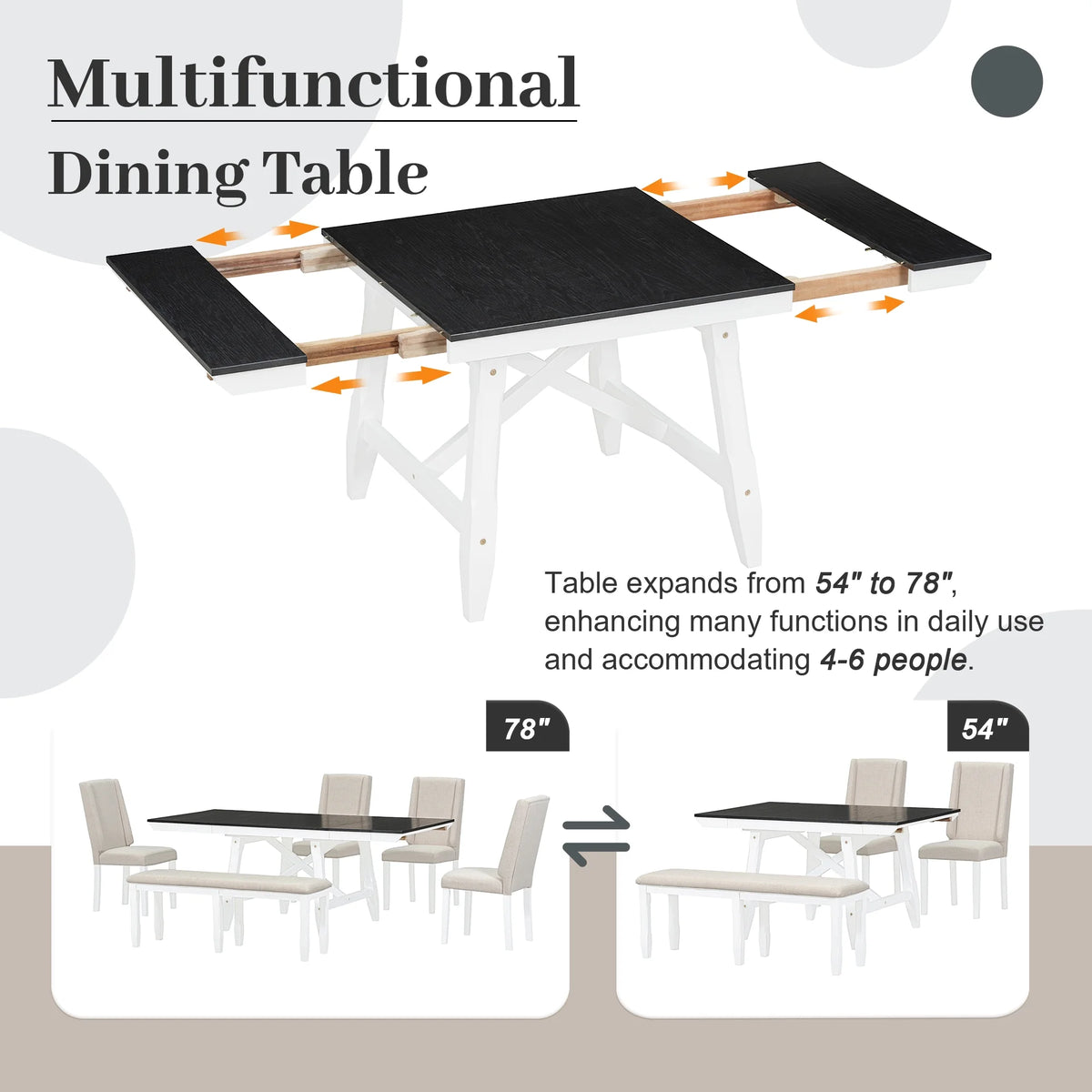 6 Piece Extendable Dining Table Set, Atumon Wood Dining Room Set for 6, Dining Table Set with 4 Beige Cushioned Chairs and Bench, Farmhouse Dining Table Set Furniture for Kitchen Dining Room, Natural