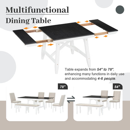 6 Piece Extendable Dining Table Set, Atumon Wood Dining Room Set for 6, Dining Table Set with 4 Beige Cushioned Chairs and Bench, Farmhouse Dining Table Set Furniture for Kitchen Dining Room, Natural