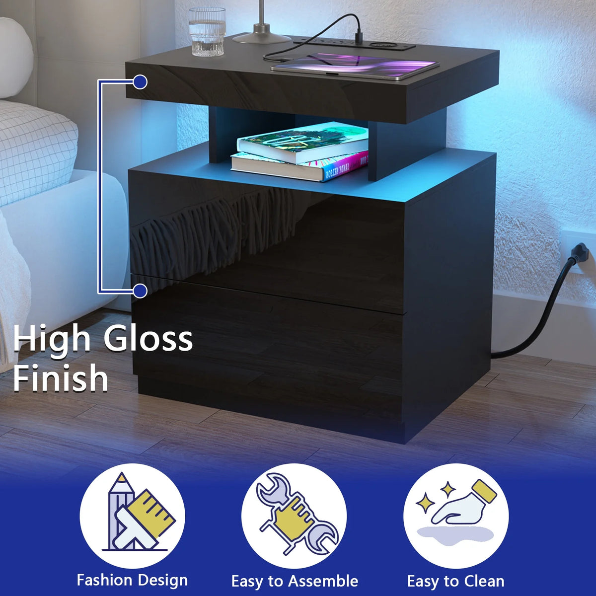 Hommpa LED Nightstand with Wireless Charging Station Modern Nightstand Type C USB Port 2 Drawers Bedside Table Black Smart Night Table High Gloss End Side Table for Bedroom Furniture 22.3" Tall