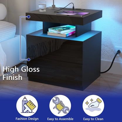 Hommpa LED Nightstand with Wireless Charging Station Modern Nightstand Type C USB Port 2 Drawers Bedside Table Black Smart Night Table High Gloss End Side Table for Bedroom Furniture 22.3" Tall