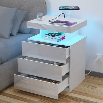 Hommpa LED Nightstand Wireless Charging Station USB Type C Outlets Bedside Table 3 Drawers Black Night Table Modern Smart Nightstand High Gloss End Side Table for Bedroom Furniture 26.8" Tall
