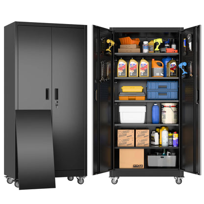 GANGMEI 72 Inches Tall Metal Garage Storage Cabinets with 5 Adjustable Shelves, Lockable Steel Black Storage Cabinet with Doors for Office, Home, School, Shops, Garage, Assembly required