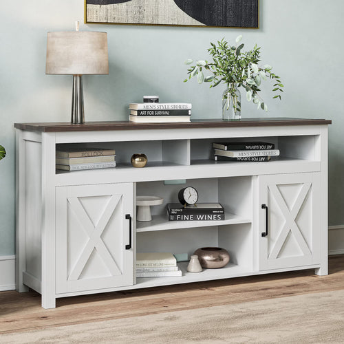 BELLEZE 58 Inch TV Stand, Contemporary Entertainment Center for TVs up to 65", Wood Media Console Table with Two Open Shelves and Barn Door Cabinets - Corin (White)