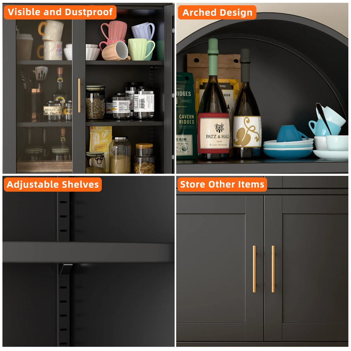 SUPEER Metal Arched Storage Display Cabinet with Glass Doors and Adjustable Shelves, Lockable Cabinet, Assembly Required, Black
