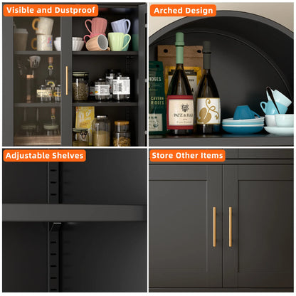 SUPEER Metal Arched Storage Display Cabinet with Glass Doors and Adjustable Shelves, Lockable Cabinet, Assembly Required, Black