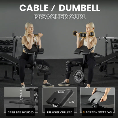 Mikolo Adjustable Weight Bench 800lbs 6 in 1 with Lat Pull Down, Leg Extension and Leg Curl, Chest Fly and Preacher Curl Workout Bench Multi-Function Strength Training Bench Press Exercise Equipment