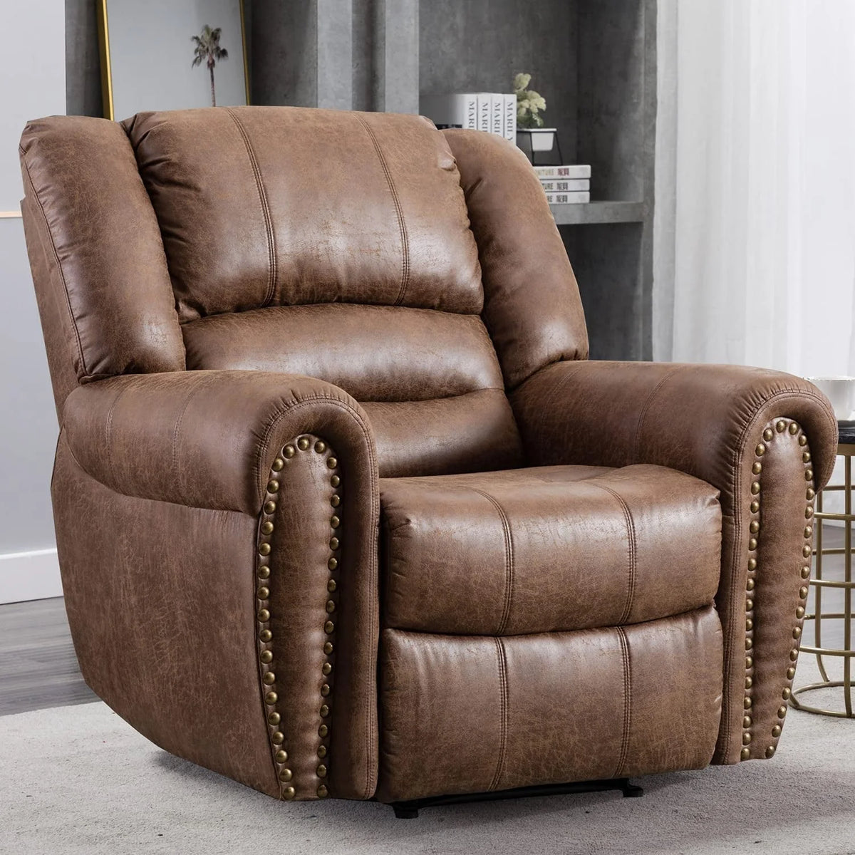 Bonzy Home Widen Leather Recliner Chair with Comfortable Arms and Back Single Sofa for Living Room, Nut Brown