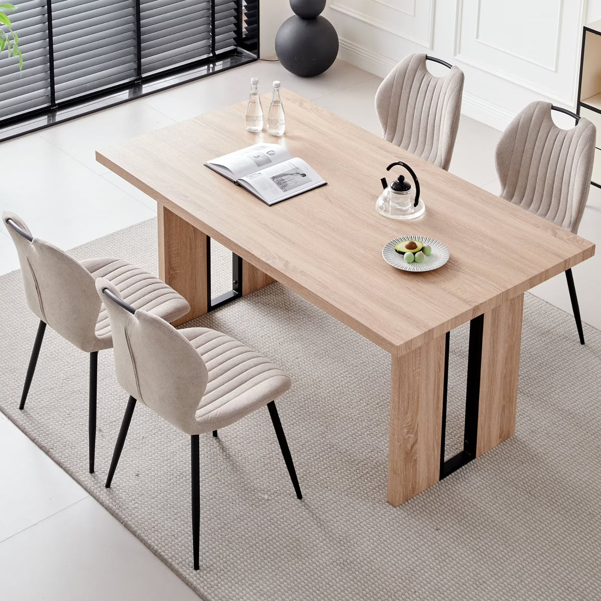 5pcs Rectangle Dining Table Chairs Set for 4, 63" Farmhouse Wood Kitchen Table with 4 Upholstered Mid Century Modern Boucle Chairs for Dinner, Living Dining Room, Apartment, Beige