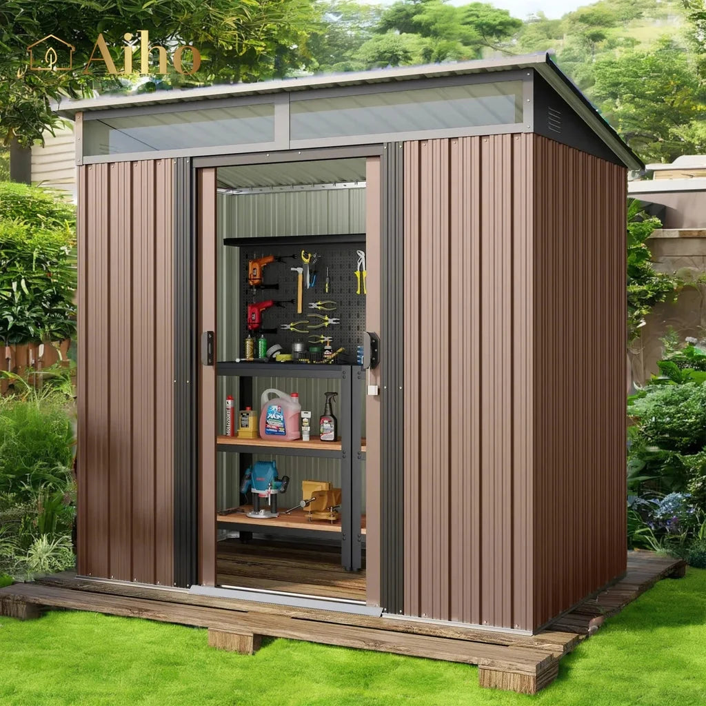 Aiho 6x4 FT Metal Storage Shed, Sheds & Outdoor Storage with Sliding Doors, Galvanized Steel Garden Shed for Bike Storage, Tool Storage - Brown