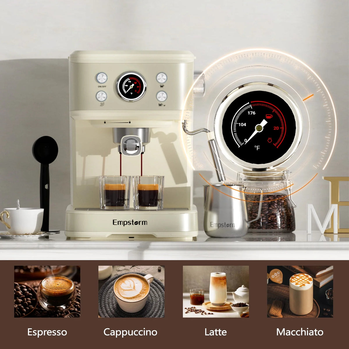 Empstorm 20 Bar Espresso Machine with Milk Frother Steam Wand, 3-in-1 Coffee Maker, Compatible with NS Pods, Stainless Steel, for Latte & Cappuccino, Beige