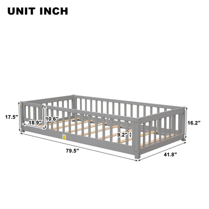 Twin Size Floor Bed Frame, Solid Wood Platform Bed Frame with Safety Fence & Small Door, Montessori Floor Bed with Slats Support for Boys Girls, No Box Spring Needed, Grey