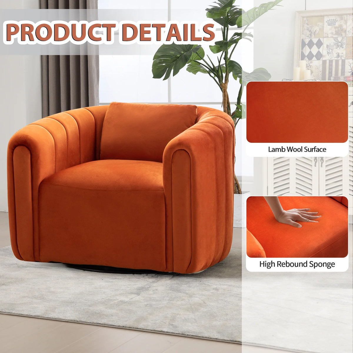 Bonzy Home Swivel Chair with Plump Pillow, Modern Velvet Accent Chair for Living Room Bedroom , Comfy Round Armchair, Orange