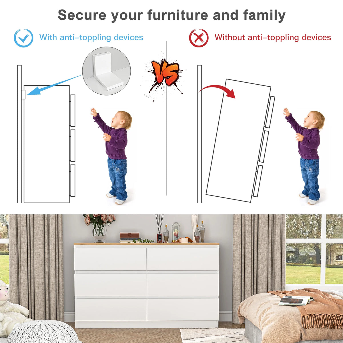 Kadyn White Chest of Drawer, 6 Double Drawer Dresser for Bedroom, Modern Storage Cabinet for Living Room, Dresser