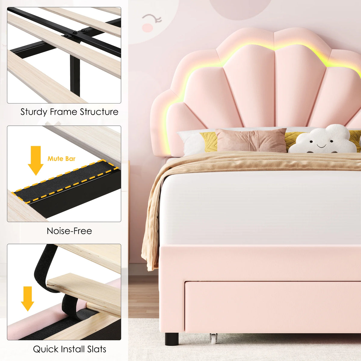 Homfa Twin Bed Frame with Storage & LED Light, Velvet Upholstered Platform Twin Bed with Adjustable Petal Headboard, Beige