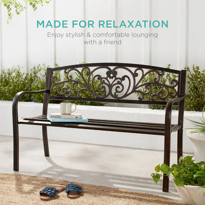 Best Choice Products Outdoor Steel Bench Garden Patio Porch Furniture w/ Floral Design Backrest - Black