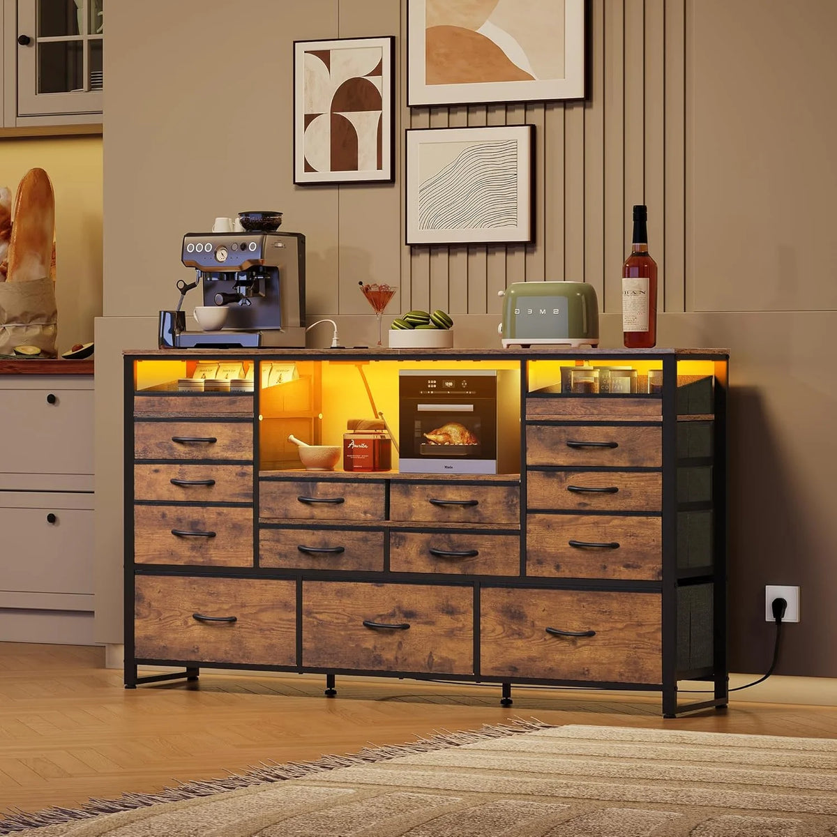 Black TV Stand for 55, 60, 65 inch TV, Entertainment Center with LED Lights & Charging Station, TV Media Console Table with 15 Fabric Drawers and Open Shelves for Living Room, Hallway, Wood Topm