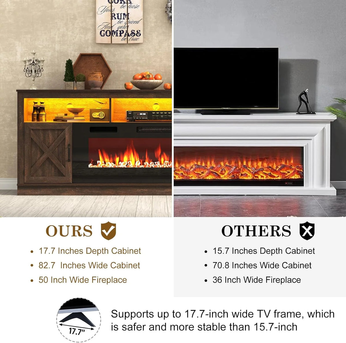 ChVans 70" Fireplace TV Stand for TVs up to 80" with 36" Electric Fireplace, Farmhouse Entertainment Center with LED, Wooden Media Console for Living Room, Bedroom