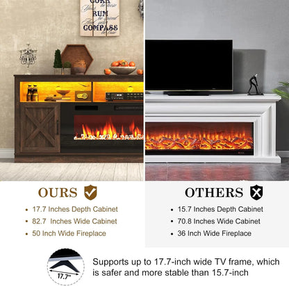 ChVans 70" Fireplace TV Stand for TVs up to 80" with 36" Electric Fireplace, Farmhouse Entertainment Center with LED, Wooden Media Console for Living Room, Bedroom