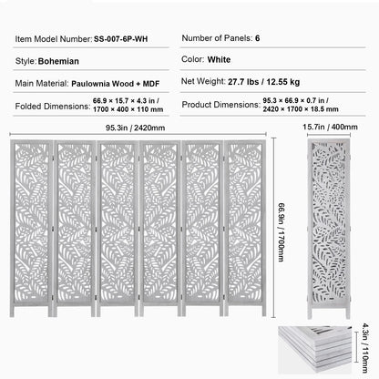 KFFKFF Wooden Space Separator, 6-Panel Foldable Privacy Barrier, 66.9 Inches High Indoor Engraved Partition Screen, Movable Decorative Panel, Ideal for Home, Office, Dining Area & Sleeping Quarters