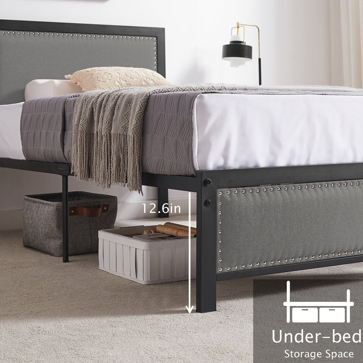VECELO Queen Size Bed Frame Metal Platform Bed with Upholstered Headboard, No Box Spring Needed, Black