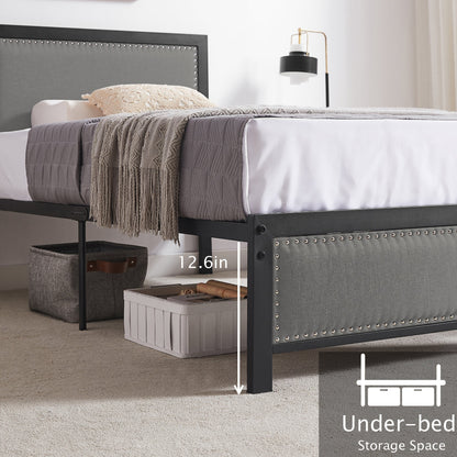 VECELO Queen Size Bed Frame Metal Platform Bed with Upholstered Headboard, No Box Spring Needed, Black