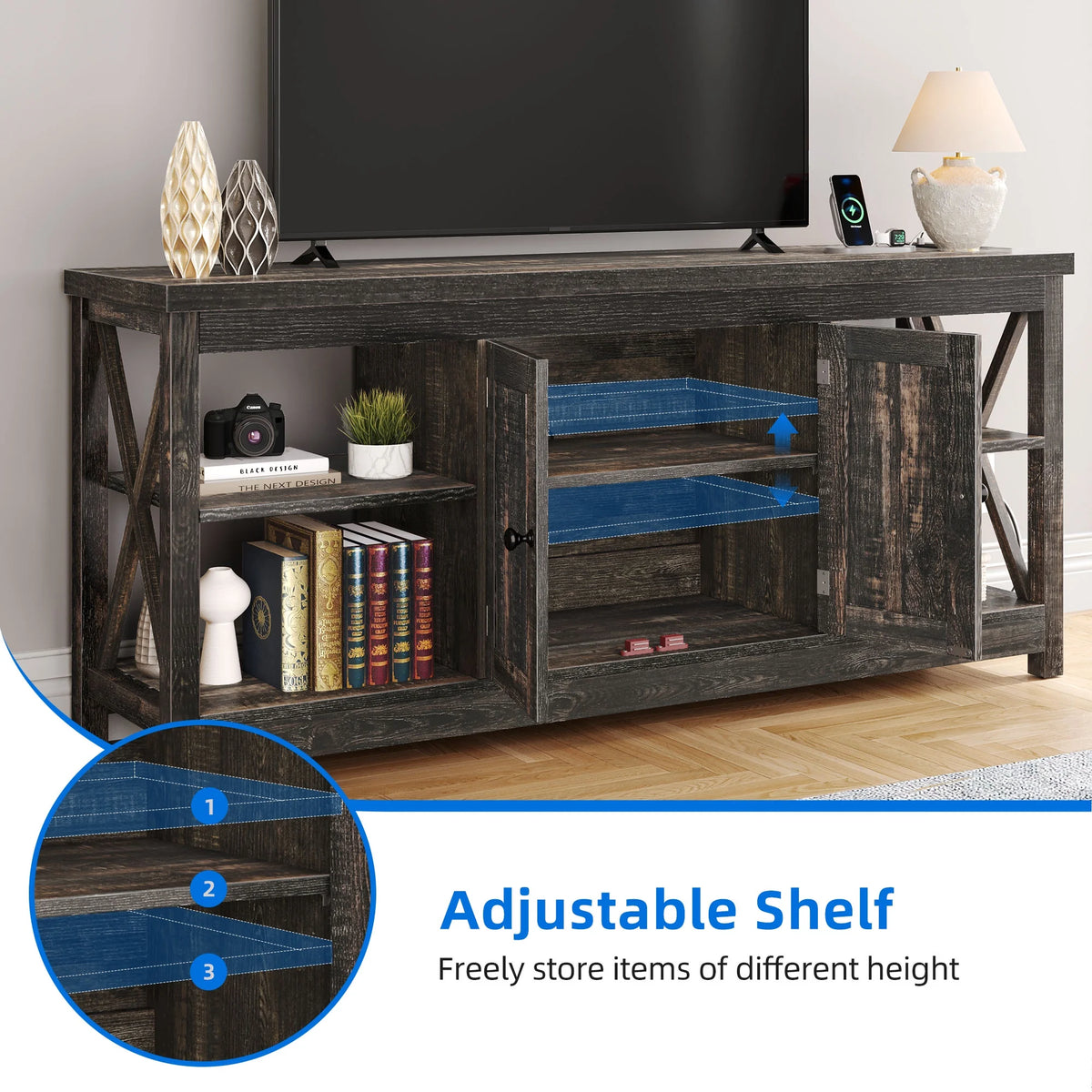 Dextrus White TV Stand up to 65 Inches w/Power Outlets, Farmhouse Entertainment Center Cabinet with Storage for Living Room