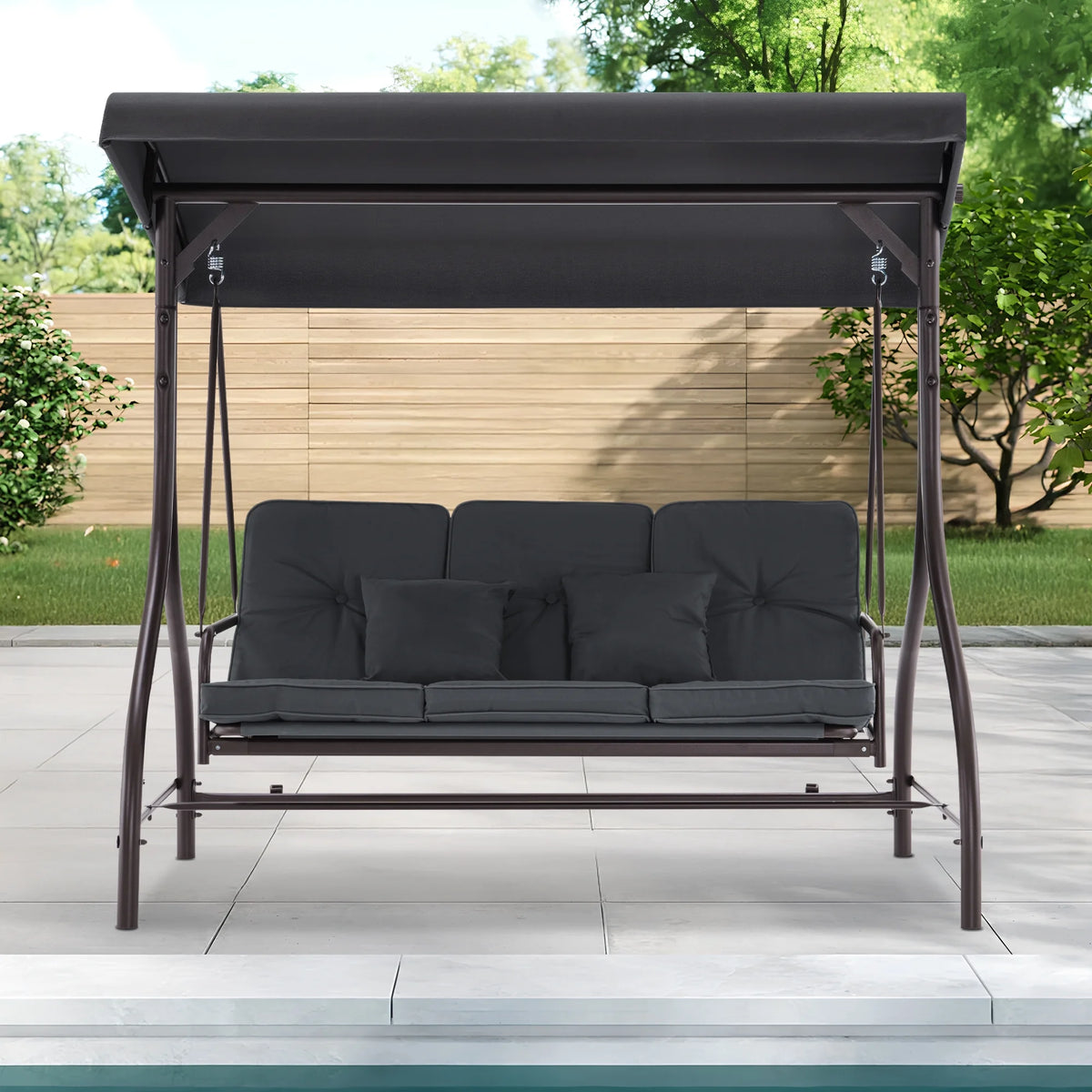 MCombo 3-Seat Outdoor Patio Swing Chair Cushioned with Adjustable Backrest and Canopy, Pillow, Brown