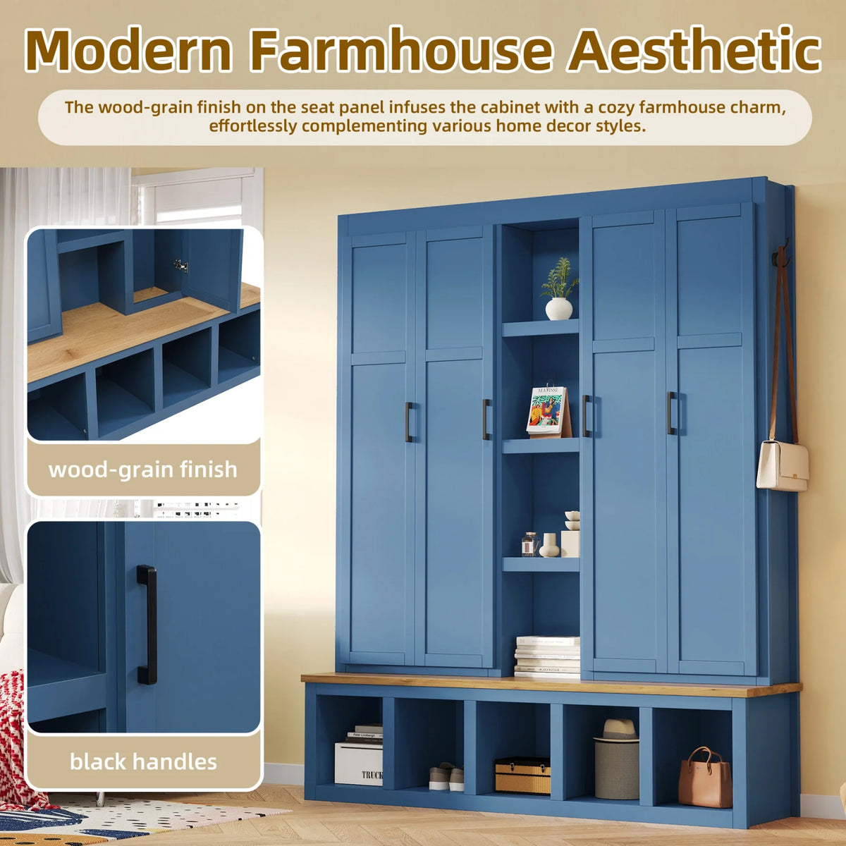 63" Farmhouse Hall Tree with Bench and Shoe Storage, 4-in-1 Entryway Bench with 4 Storage Cabinets, 5 Shoe Cabinets and 6 Hanging Hooks, Black