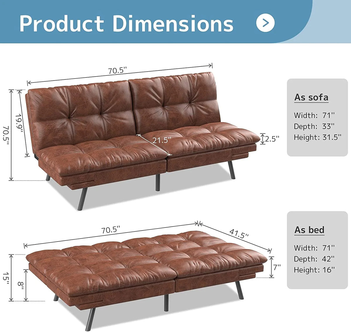 Convertible Futon Sofa Bed, Modern Sleeper Sofa, Brown