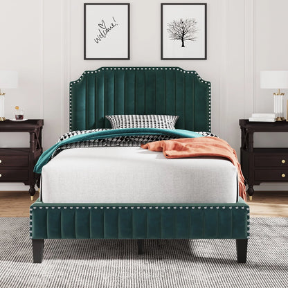 Green Upholstered Platform Bed, Full Size Bed Frame with Solid Wooden Slat Support and Curved Upholstered Wingback Headboard, Heavy Duty Full Bed Mattress Foundation, No Box Spring Required