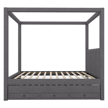 Harper & Bright Designs Twin Size Upholstery Canopy Platform Bed with Trundle and 3 Storage Drawers, Captain Platform Bed Frame with 4-Poster Canopy Roof, Beige