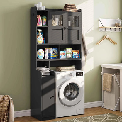 Over The Toilet Storage Cabinet with 3 Doors, Farmhouse Space Saver for Bathroom Organizer with Paper Holder, 10 Shelves and Hooks, 7-Tier Over Washing Machine Cabinet for Laundry, Bathroom, Natural