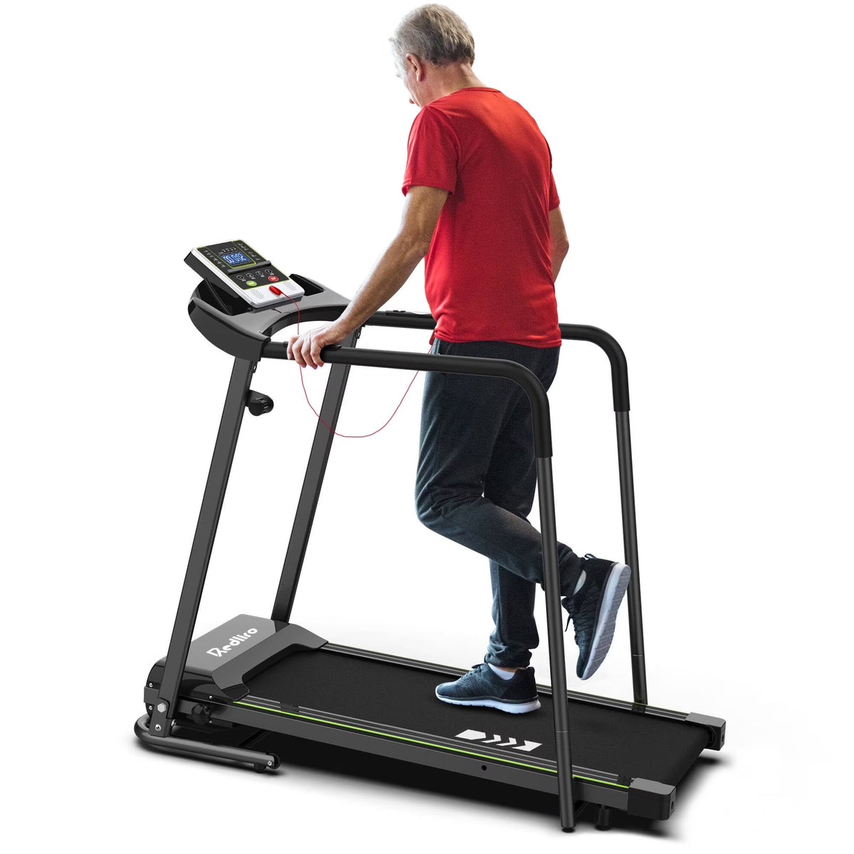 Redliro Treadmill for Seniors with Long Handrails - Recovery Treadmill for Walking 300 lbs Weight Capacity - Walking Treadmill Elderly with Desk & Cup Holder (Glossy Black)