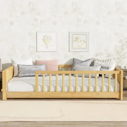 Bellemave Twin Size Floor Bed with Fence, Montessori Floor Twin Bed with Built-in Book Rack, Solid Wood Twin Bed with Slats and Safety Guardrails, Natural