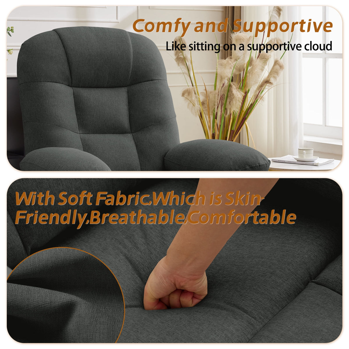 Korser Manual Swivel Rocker Recliner Chair for Living Room,Small Recliner Sofa for Small Spaces,Linen Fabric,Dark Black