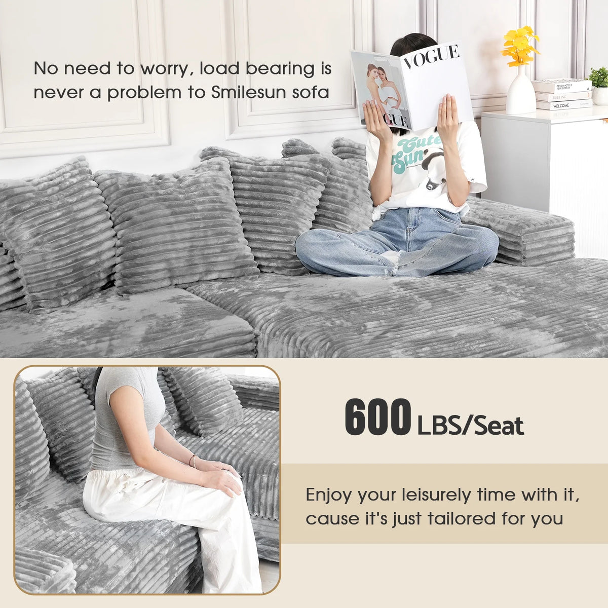Advwin 110" Oversized L Shaped Sofa with Chaise, Comfy Plush 2-Piece L-Shaped Sectional Couches with 8 Pillows, Soft Fluffy Upholstered Sofa Bed for Living Room Apartment Bedroom, Light Gray