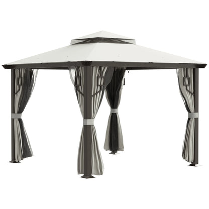Outsunny 10' x 10' Patio Gazebo Outdoor Canopy Shelter with Aluminum Frame, Double Tier Roof, Netting and Curtains for Garden, Lawn, Cream White