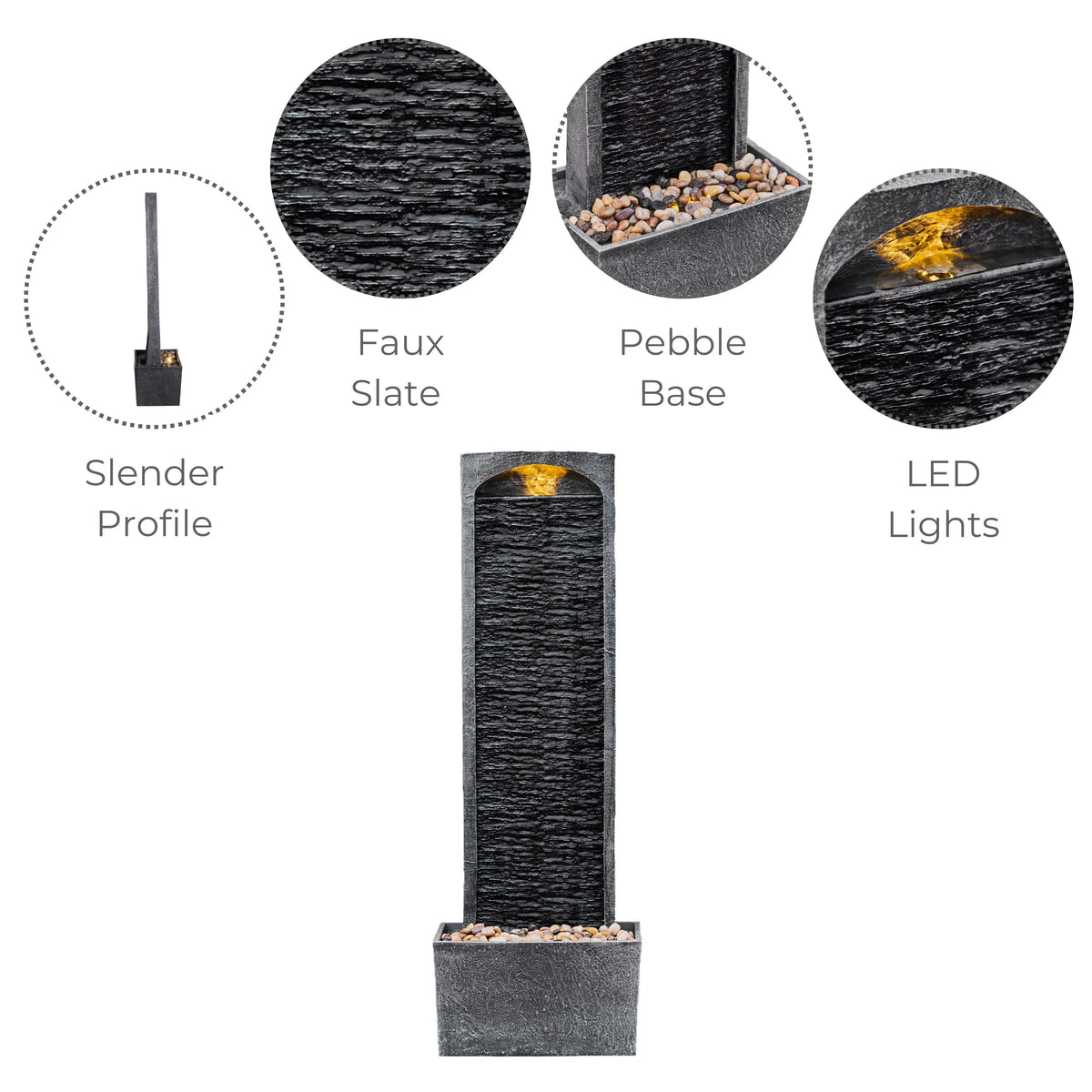 Teamson Home 38.5" Faux Slate Contemporary Outdoor LED Waterfall Fountain with Pebble Base, Red Rock