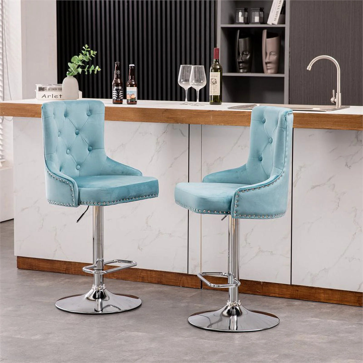 Alexent  2PCS Swivel Bar Stools, High Back, Button Tufted, Silver Footrest and Nailhead Trim Swivel Bar Chairs for Kitchen, Bar Velvet Upholstered Bar Stools, Dark Blue